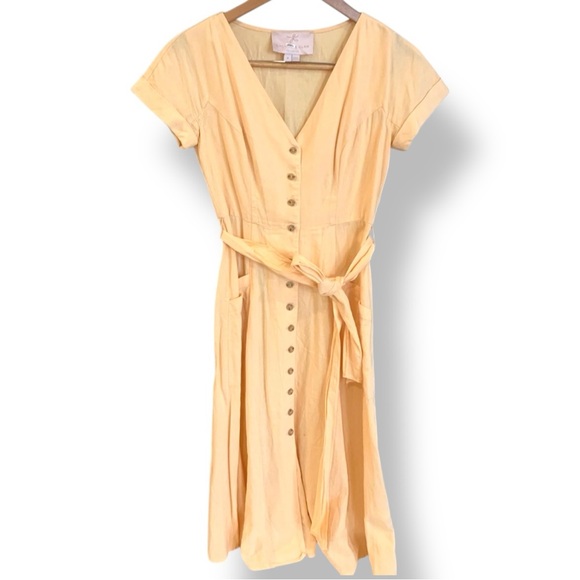 Gal Meets Glam Women 8  Light Yellow Linen Cottage Core Fit & Flare Midi Dress - Picture 2 of 9
